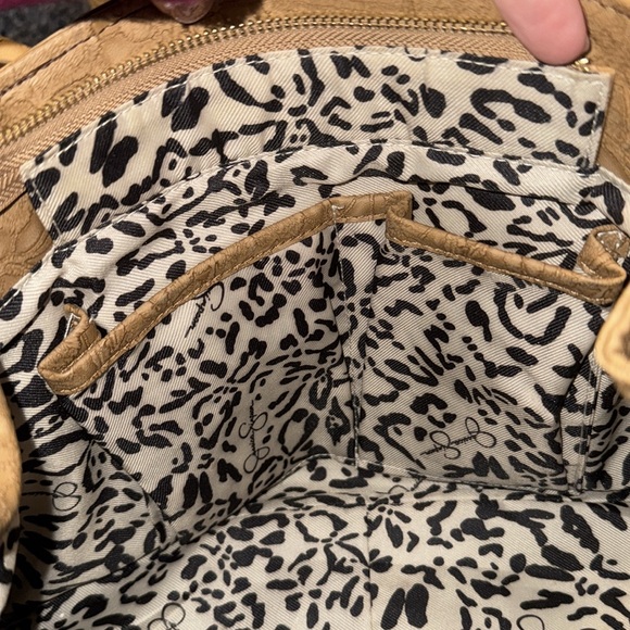 Tan Floral Jessica Simpson Satchel Purse with Leopard Interior - Picture 11 of 11